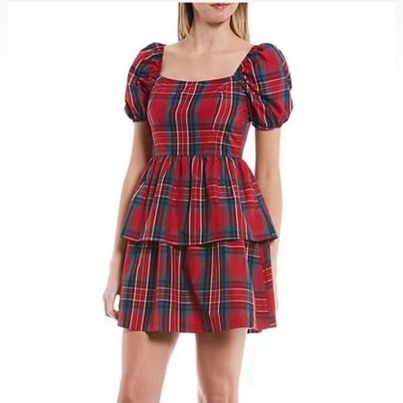 Copper Key Plaid Print Short Sleeve Tiered Babydoll Dress Size S - Picture 1 of 2